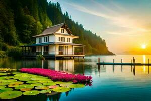 a house on the lake with lily pads and a sunset. AI-Generated photo