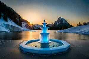 a fountain in the snow with mountains in the background. AI-Generated photo