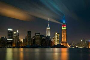 the manhattan skyline at night with the empire state building in the foreground. AI-Generated photo