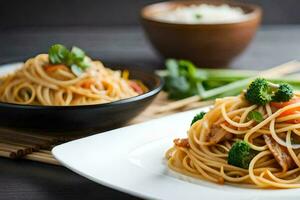 a plate of spaghetti with broccoli and meat. AI-Generated photo