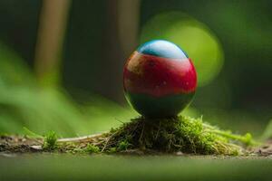 a colorful egg sitting on top of a mossy ground. AI-Generated photo