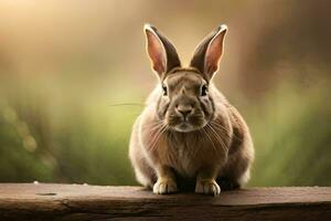 un Conejo es sentado en un de madera banco. generado por ai foto