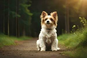 un pequeño perro sentado en un suciedad la carretera en el bosque. generado por ai foto