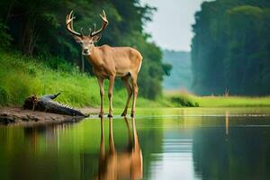 a deer stands in the water near a river. AI-Generated photo