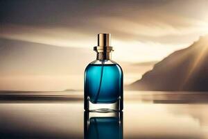 un botella de perfume sentado en un mesa con un montaña en el antecedentes. generado por ai foto