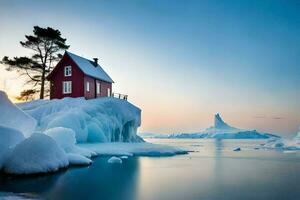 un rojo casa se sienta en parte superior de un iceberg. generado por ai foto