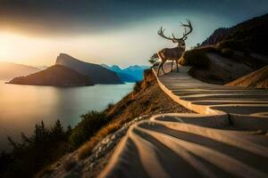 a deer stands on a path overlooking a lake and mountains. AI-Generated photo