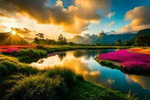 el Dom conjuntos terminado un río y rosado flores generado por ai foto