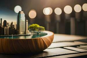 a miniature city in a bowl on a table. AI-Generated photo