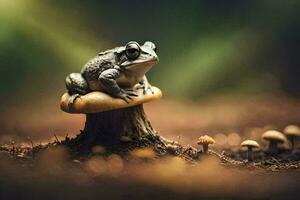 a frog sits on top of a mushroom in the forest. AI-Generated photo