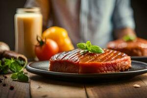 a plate of meat on a wooden table. AI-Generated photo