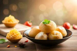 indian sweets in a bowl on a wooden table. AI-Generated photo