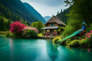 photo wallpaper water, the river, peacock, house, the mountains, the lake, the. AI-Generated