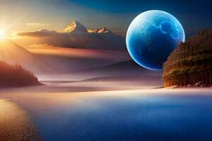 the sun is rising over a mountain and a blue planet. AI-Generated photo