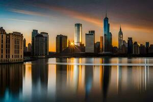 the sun rises over the city skyline in new york. AI-Generated photo