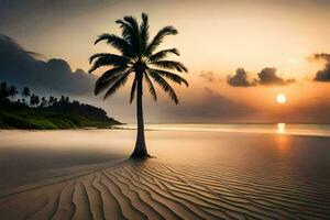the sun sets over a palm tree on a beach. AI-Generated photo