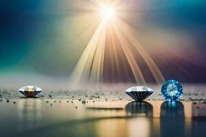 three diamonds on a table with a sun shining in the background. AI-Generated photo