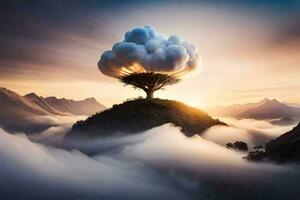 a tree on top of a cloud covered mountain. AI-Generated photo