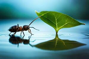 a small ant is standing on top of a leaf. AI-Generated photo