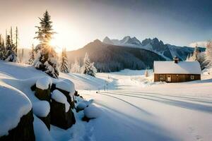 a snowy mountain scene with a cabin in the foreground. AI-Generated photo