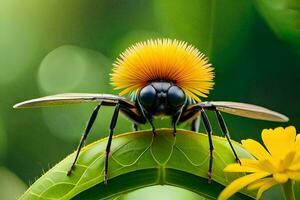 a bee with yellow flowers on its head. AI-Generated photo