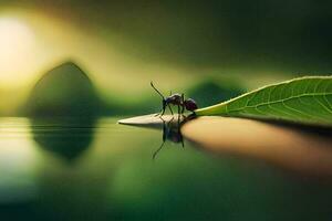 a small insect sitting on a leaf in the water. AI-Generated photo