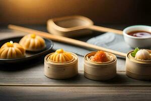 dumplings in bamboo containers with chopsticks on a table. AI-Generated photo