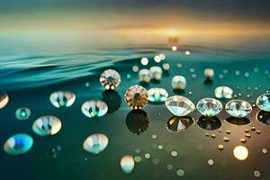 diamantes flotante en el Oceano a puesta de sol. generado por ai foto