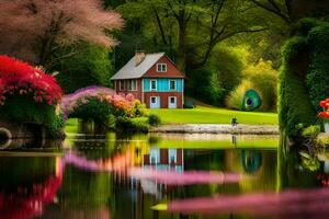 un casa es reflejado en el agua y rodeado por flores generado por ai foto