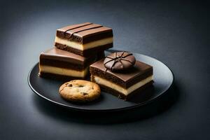 chocolate pastel, galletas y un Galleta en un negro lámina. generado por ai foto