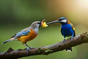 dos aves son sentado en un rama con un flor. generado por ai foto