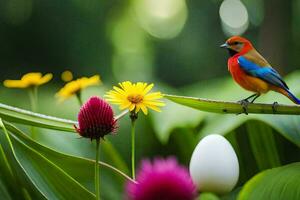 a colorful bird sits on a branch in front of flowers. AI-Generated photo