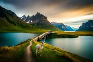 un ciervo soportes en un puente terminado un lago. generado por ai foto