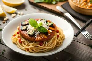 spaghetti with meat and vegetables on a wooden table. AI-Generated photo