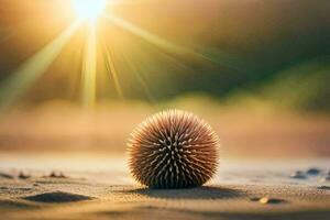 a small spiky ball sits on the sand in front of the sun. AI-Generated photo