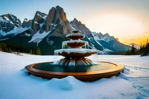a fountain in the snow with mountains in the background. AI-Generated photo