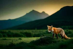 a fox stands on a grassy hill in front of a mountain. AI-Generated photo