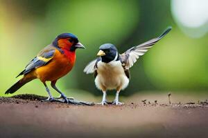 two colorful birds standing on the ground. AI-Generated photo