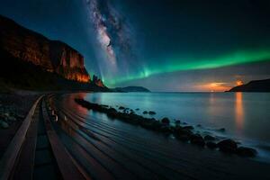 the aurora lights up the sky over a beach. AI-Generated photo