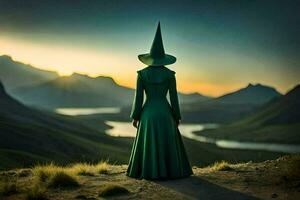 un mujer en un verde vestir y sombrero soportes en un colina con vista a un valle. generado por ai foto
