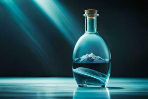 a bottle of water with a mountain in it. AI-Generated photo