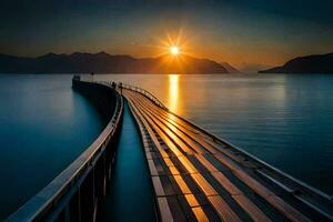 a pier at sunset with the sun shining. AI-Generated photo