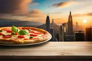 Pizza en el mesa con paisaje urbano en el antecedentes. generado por ai foto