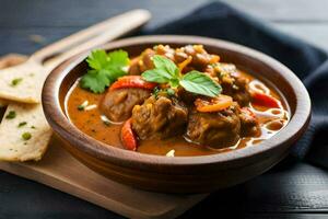 meatballs in a curry with vegetables and bread. AI-Generated photo