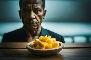 a man sitting in front of a bowl of mangoes. AI-Generated photo