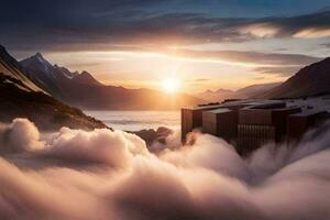 a building in the clouds with the sun rising behind it. AI-Generated photo