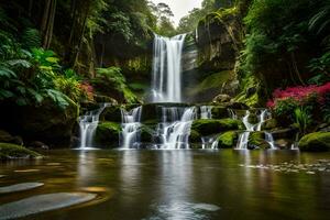 a waterfall in the middle of a tropical forest. AI-Generated photo