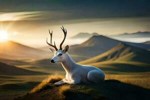 a white deer is sitting on a hill in the mountains. AI-Generated photo