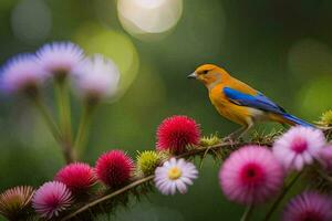 a colorful bird sits on a branch of flowers. AI-Generated photo