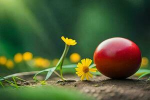 un rojo manzana y amarillo flores en el suelo. generado por ai foto